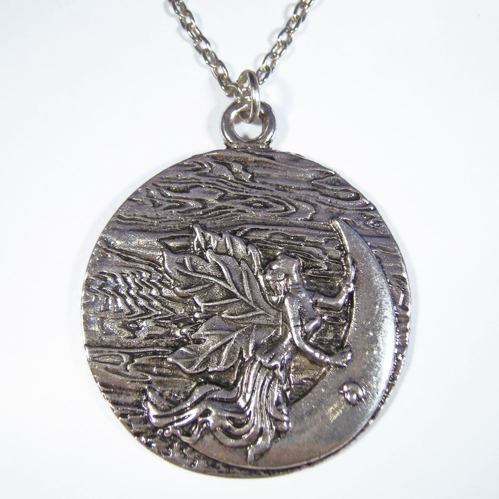 Silver Pendant Necklace
 Antique Silver Plated Angel Fairy Sitting The Moon
