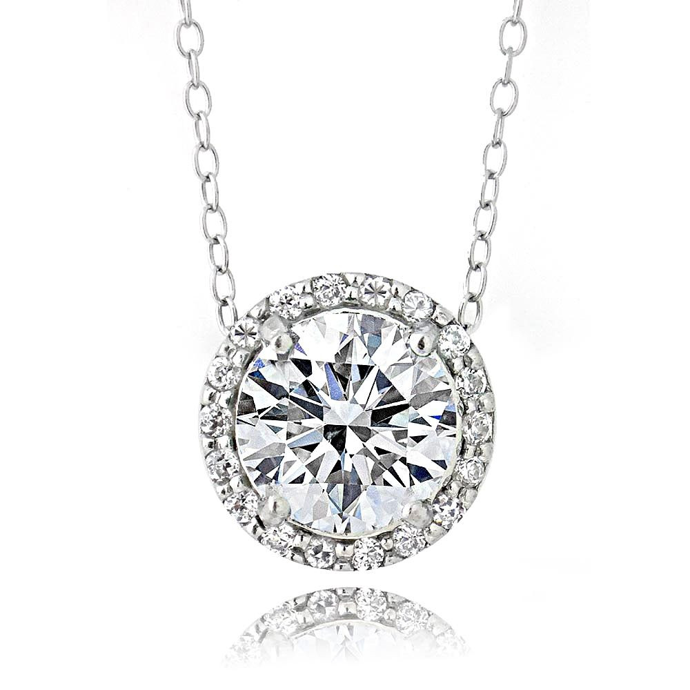 Silver Pendant Necklace
 Platinum Plated Sterling Silver 2ct Cubic Zirconia Halo