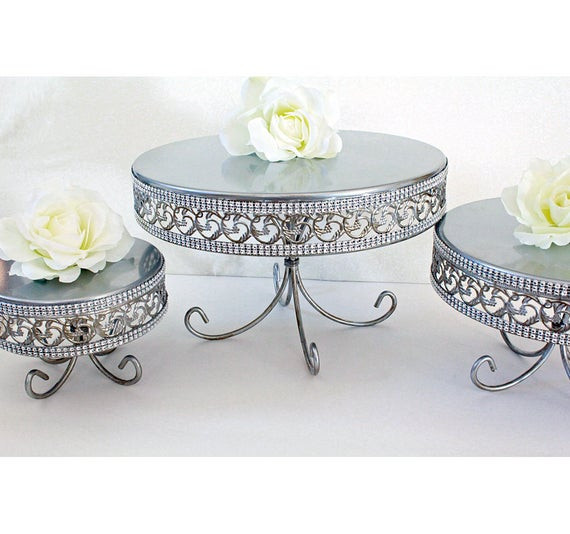 Silver Wedding Cake Stand
 3 Silver Cake Stands Set & Rhinestone Round Party Cupcake