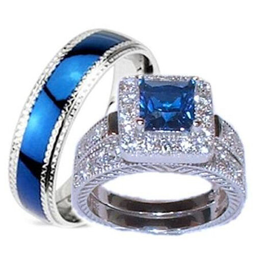 Silver Wedding Ring Sets For Him And Her
 Buy His Hers 3 Piece Wedding Ring Set Sapphire Blue Cz