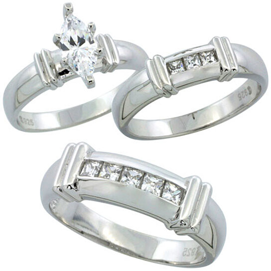 Silver Wedding Ring Sets For Him And Her
 Buy Sterling Silver Cubic Zirconia Trio Engagement Wedding