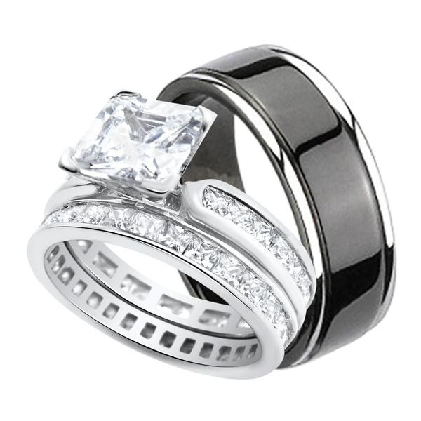 Silver Wedding Ring Sets For Him And Her
 His and Hers Wedding Ring Set Black Titanium Silver Bands