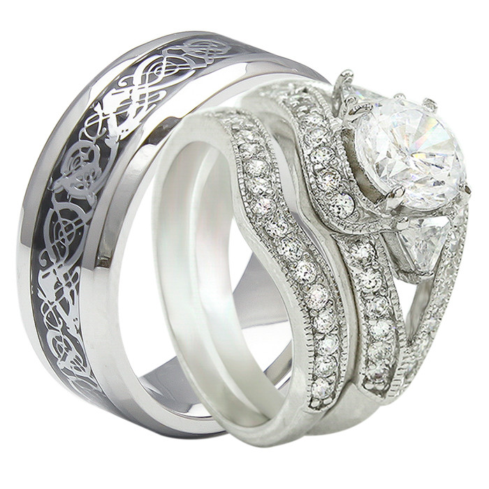 Silver Wedding Ring Sets For Him And Her
 3PCS His And Hers Tungsten 925 Sterling Silver Wedding