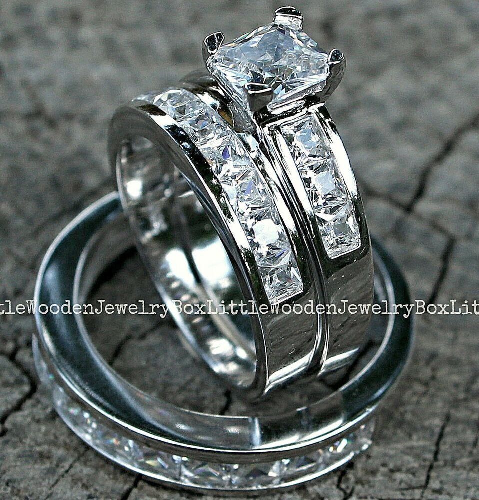 Silver Wedding Ring Sets For Him And Her
 His and Hers 925 Sterling Silver 14k White Gold Engagement
