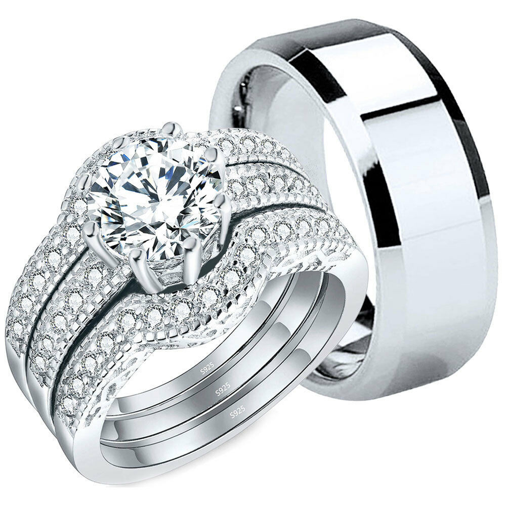 Silver Wedding Ring Sets For Him And Her
 4 Pcs His Tungsten Hers Sterling Silver CZ Wedding