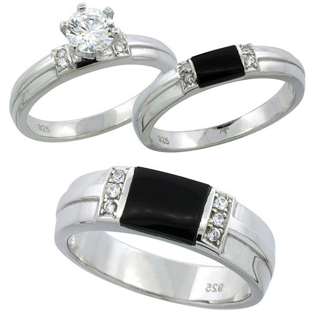 Silver Wedding Ring Sets For Him And Her
 Sterling Silver Cubic Zirconia Trio Engagement Wedding