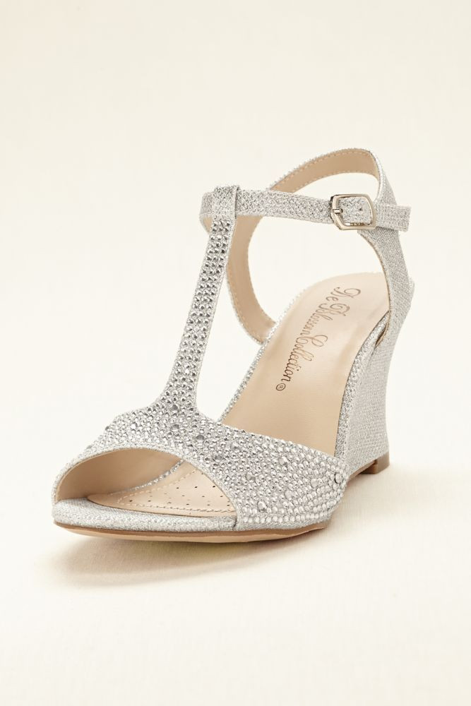 Silver Wedding Shoes For Bridesmaids
 Glitter T Strap Wedge Wedding & Bridesmaid Sandal Silver