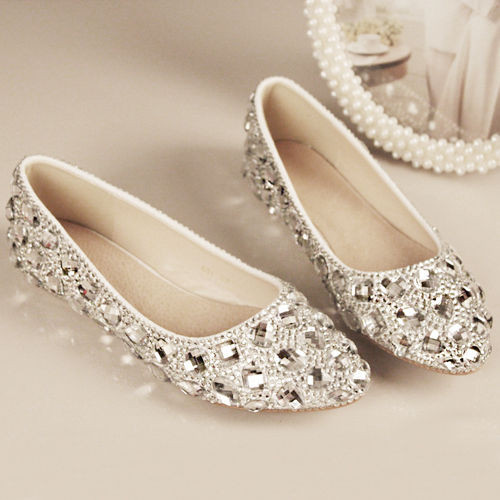 Silver Wedding Shoes For Bridesmaids
 Silver Bling bridal wedding crystal low heel flat