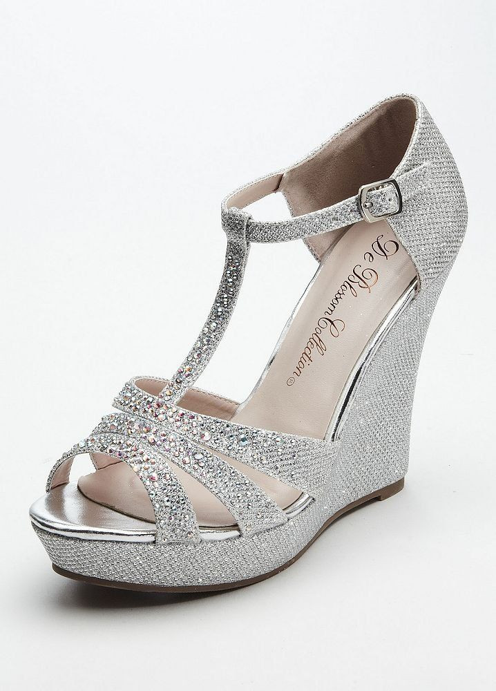 Silver Wedge Shoes For Wedding
 Wedding & Bridesmaid Shoes Glitter T Strap Wedge Sandal