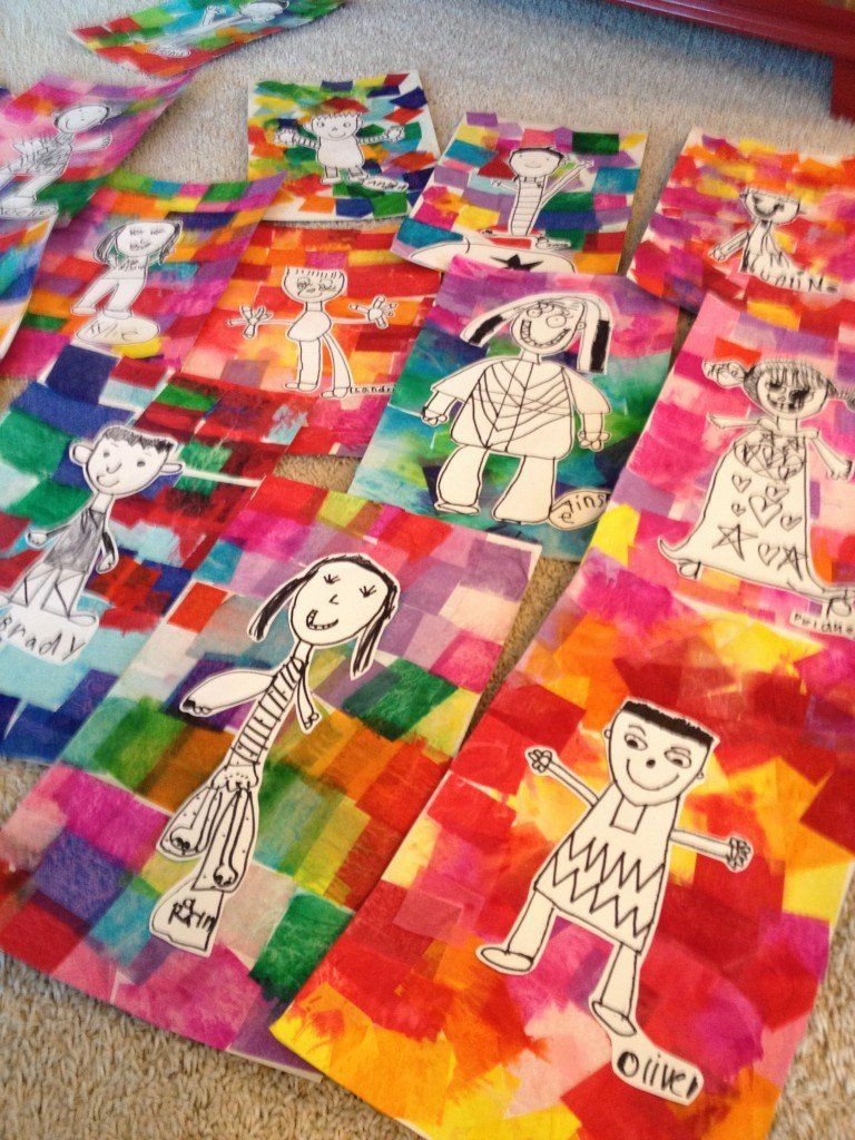 Simple Art Projects For Preschool
 Kindergarten self portraits on tissue paper backgrounds