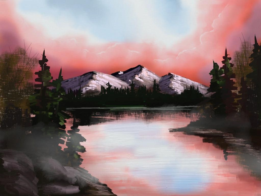 Simple Landscape Painting
 simple painting of a lake mountains trees rocks and