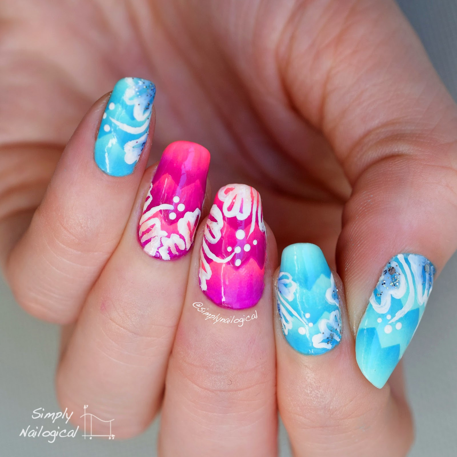 Simply Nailogical Nail Art
 Simply Nailogical Hawaiian themed nails over scaled gra nt