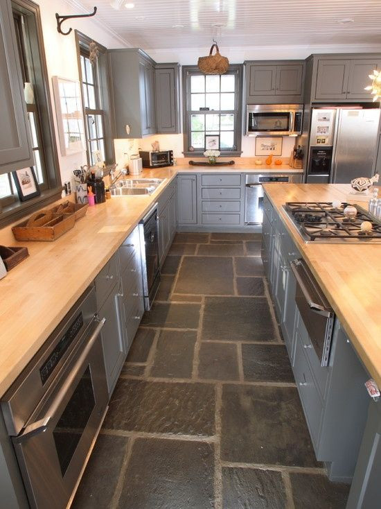 Slate Floors In Kitchen
 High gloss cabinets contrast with slate floor