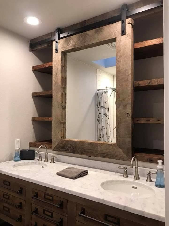 Sliding Bathroom Mirror
 Great idea Sliding mirror on barn door track and storage