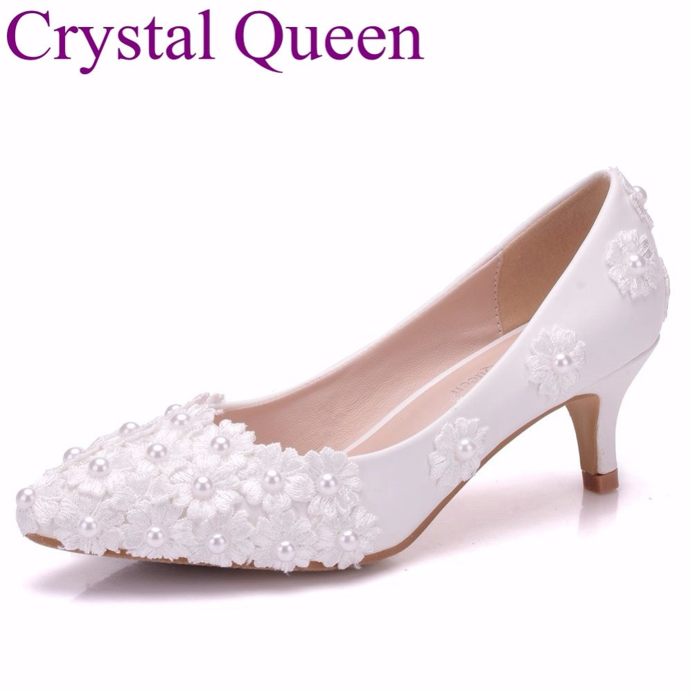 Small Heel Wedding Shoes
 Crystal Queen white lace flower wedding shoes 5cm heel
