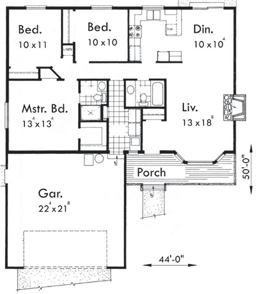 Small Three Bedroom House Plan
 e Level House Plan 3 Bedrooms 2 Car Garage 44 Ft Wide X