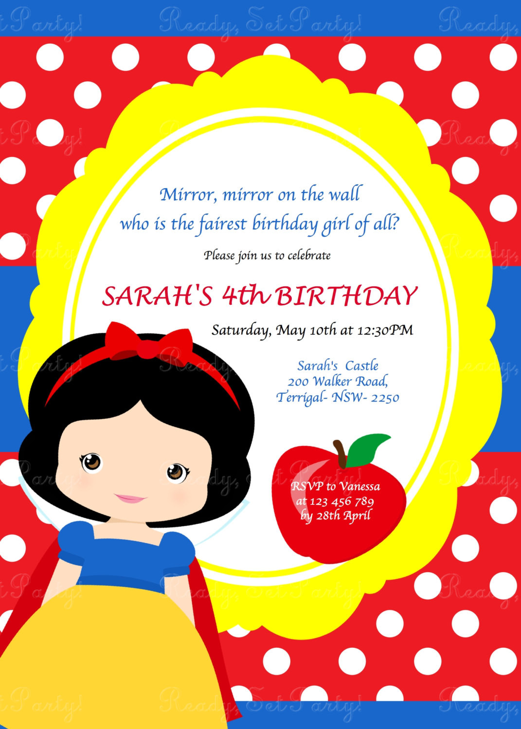 Snow White Birthday Invitations
 Snow White Birthday Party Invitation by Love this Moment