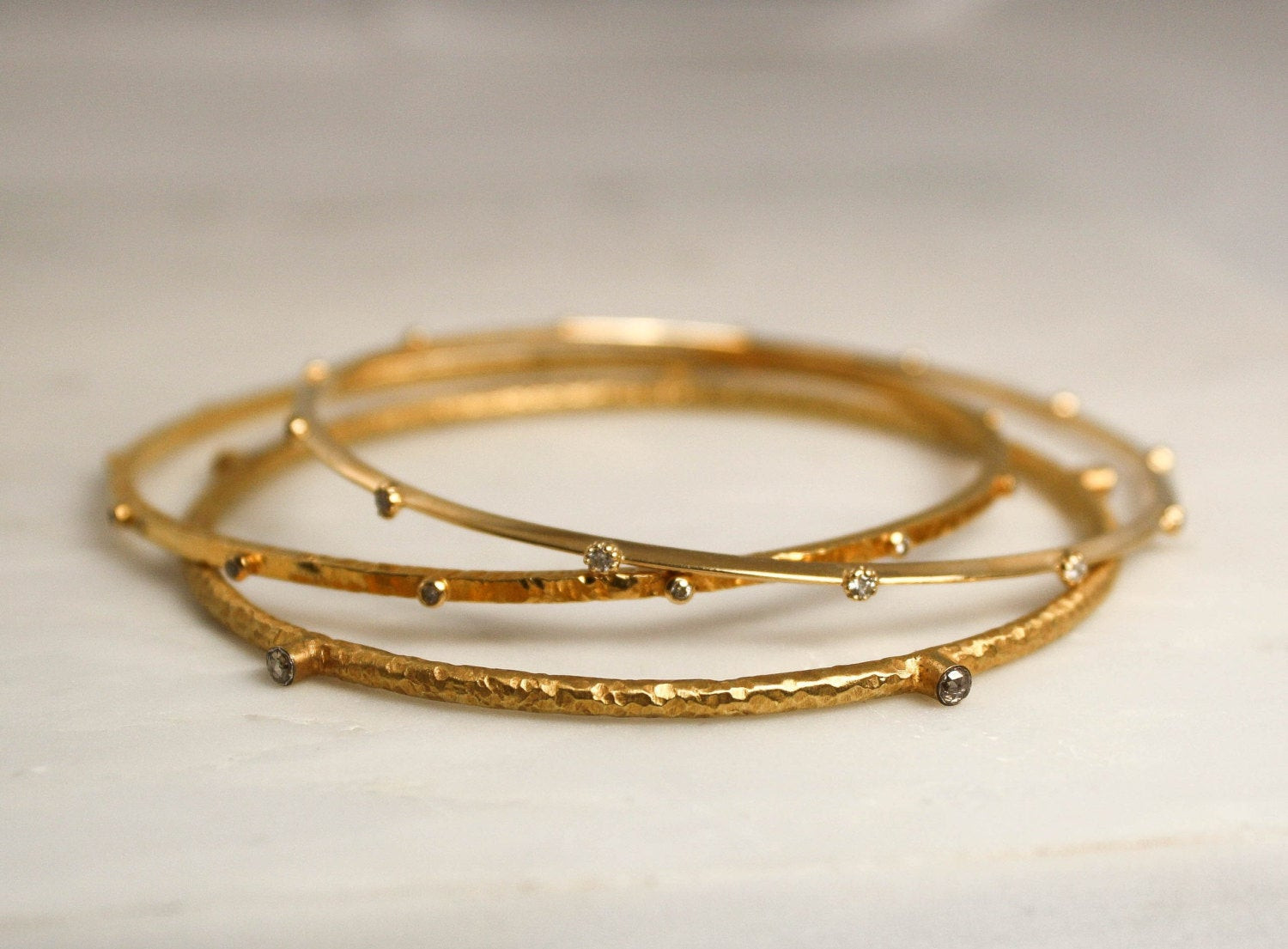 Solid Gold Bracelet
 SET 3 Solid Gold Diamond Bangle Bracelets in 18K Solid Gold