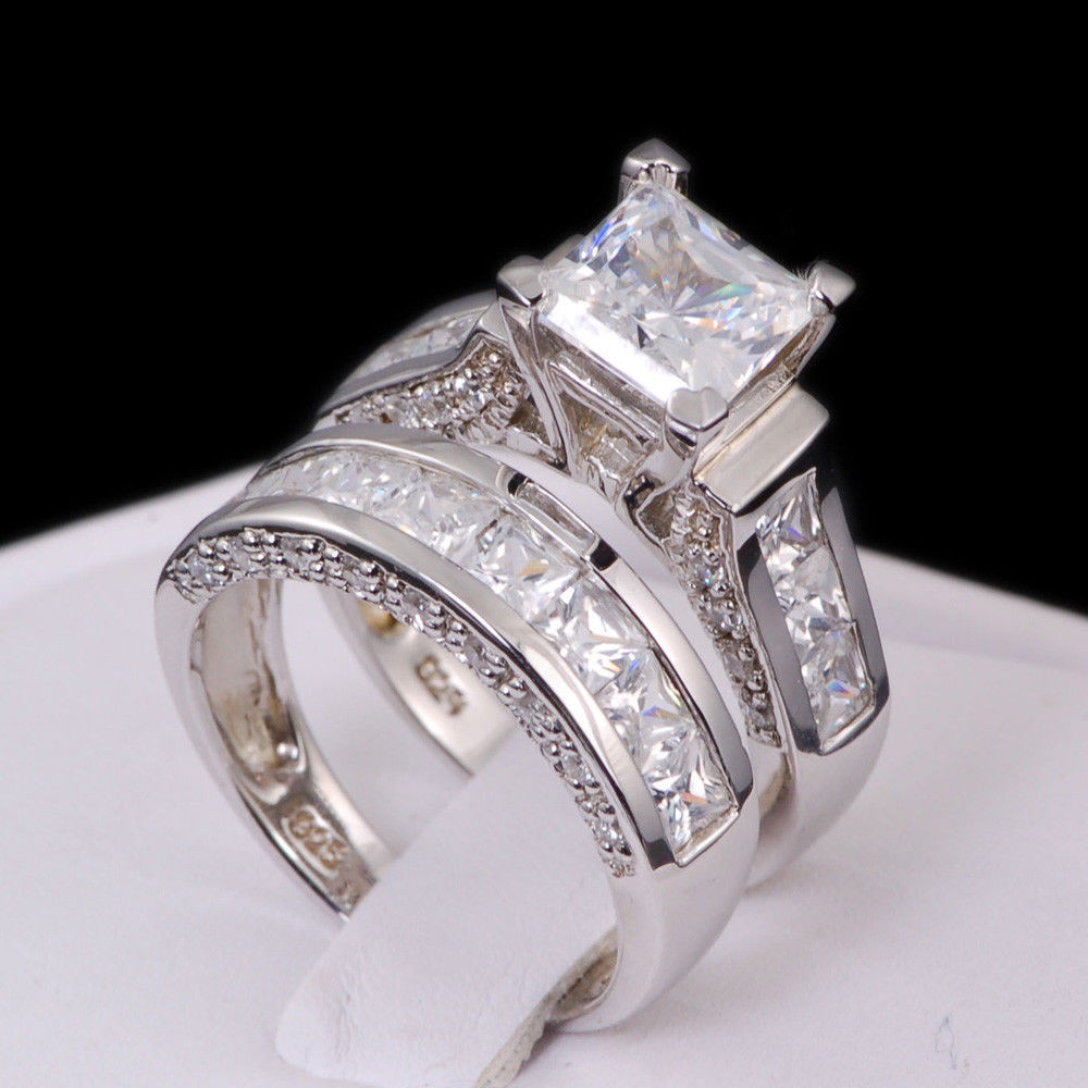 Solitaire Wedding Ring Sets
 14k White Gold 925 Sterling Princess Diamond Cut