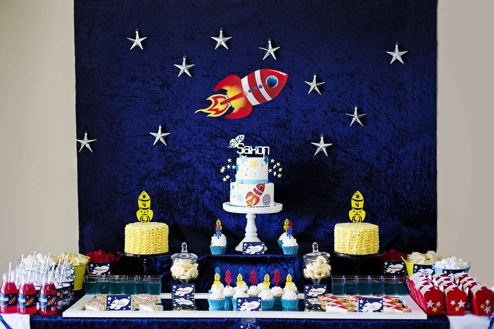 Space Birthday Party Supplies
 Outer space birthday party dessert table and backdrop See