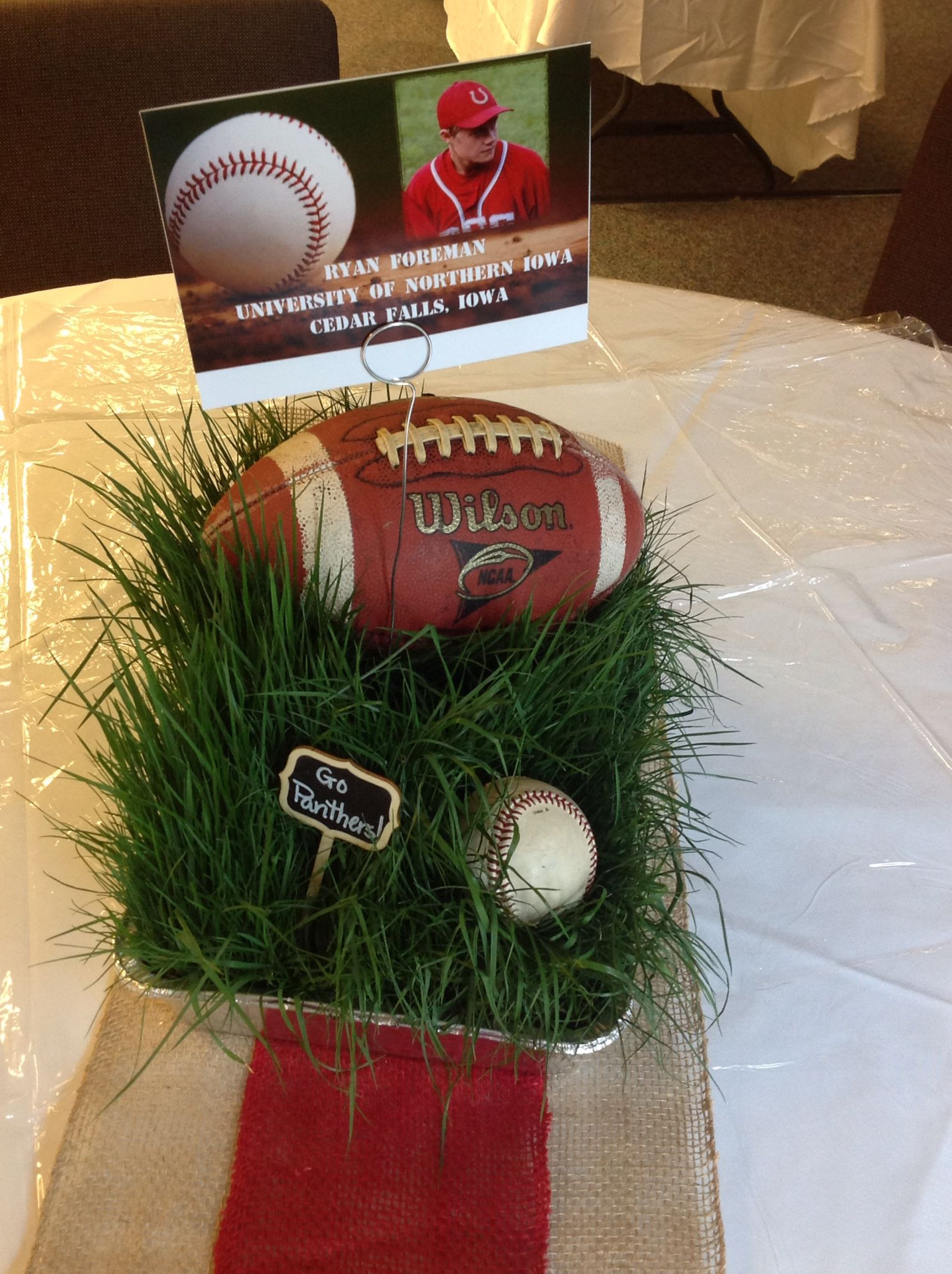 Sports Themed Graduation Party Ideas
 Centerpieces with real grass for football baseball theme