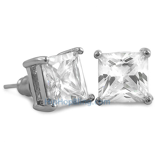 Square Diamond Earrings
 White CZ Diamond Square Stud Earrings Rhodium CZ Diamond
