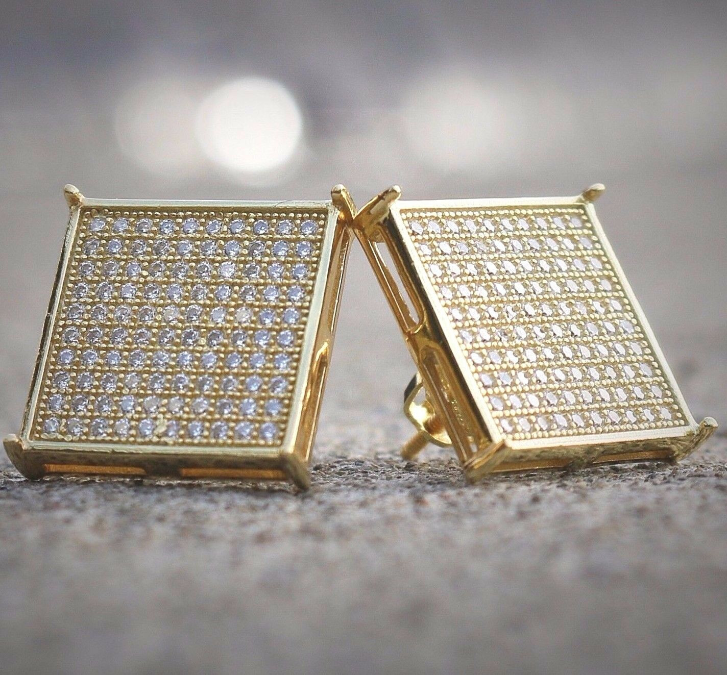 Square Diamond Earrings
 Mens 14k White Gold Finish Real Silver Square Lab Diamond