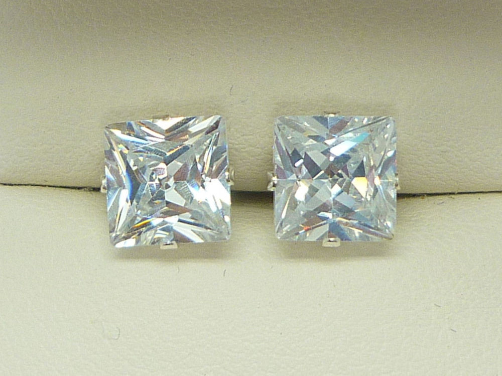 Square Diamond Earrings
 DIAMOND SILVER STUD EARRINGS SQUARE PRINCESS CUT 6MM CLEAR