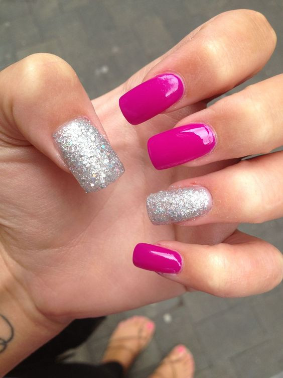 Square Glitter Nails
 Picture hot pink nails and silver glitter ones for a
