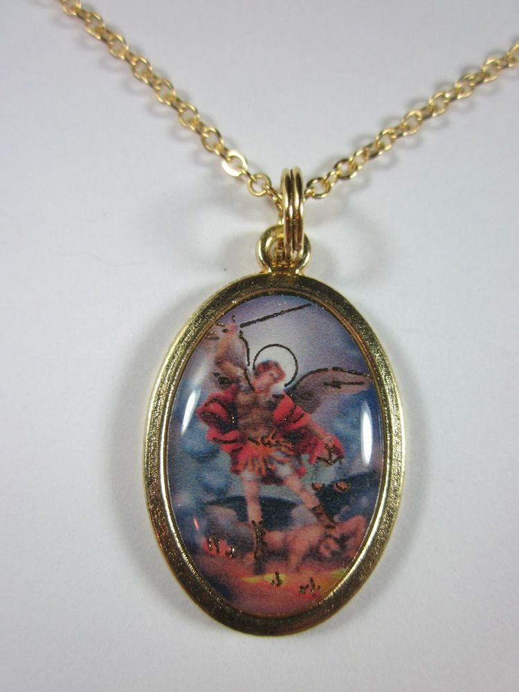 St Michael Necklace
 St Michael Archangel Color Image Medal Gold Plated Pendant