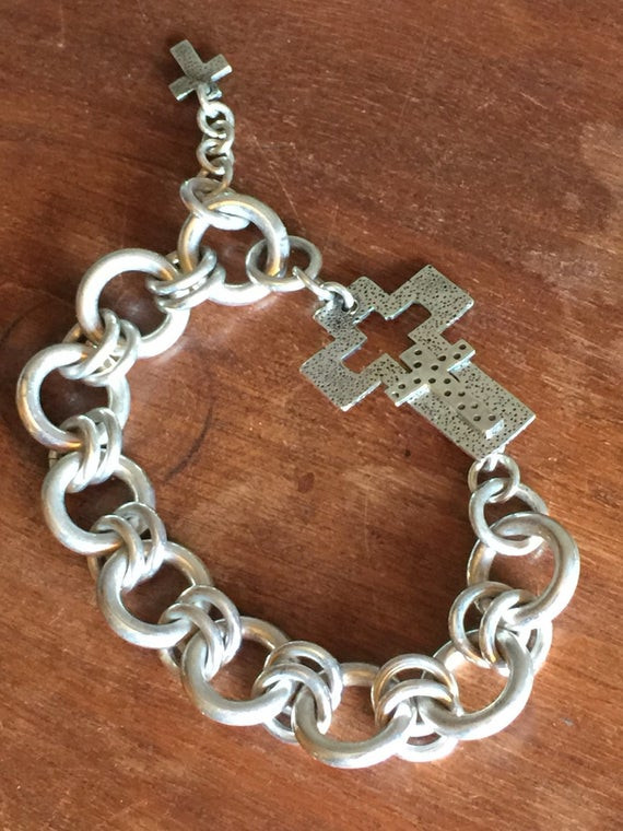 Sterling Silver Cross Bracelet
 Sterling silver cross clasp bracelet w large handmade chain