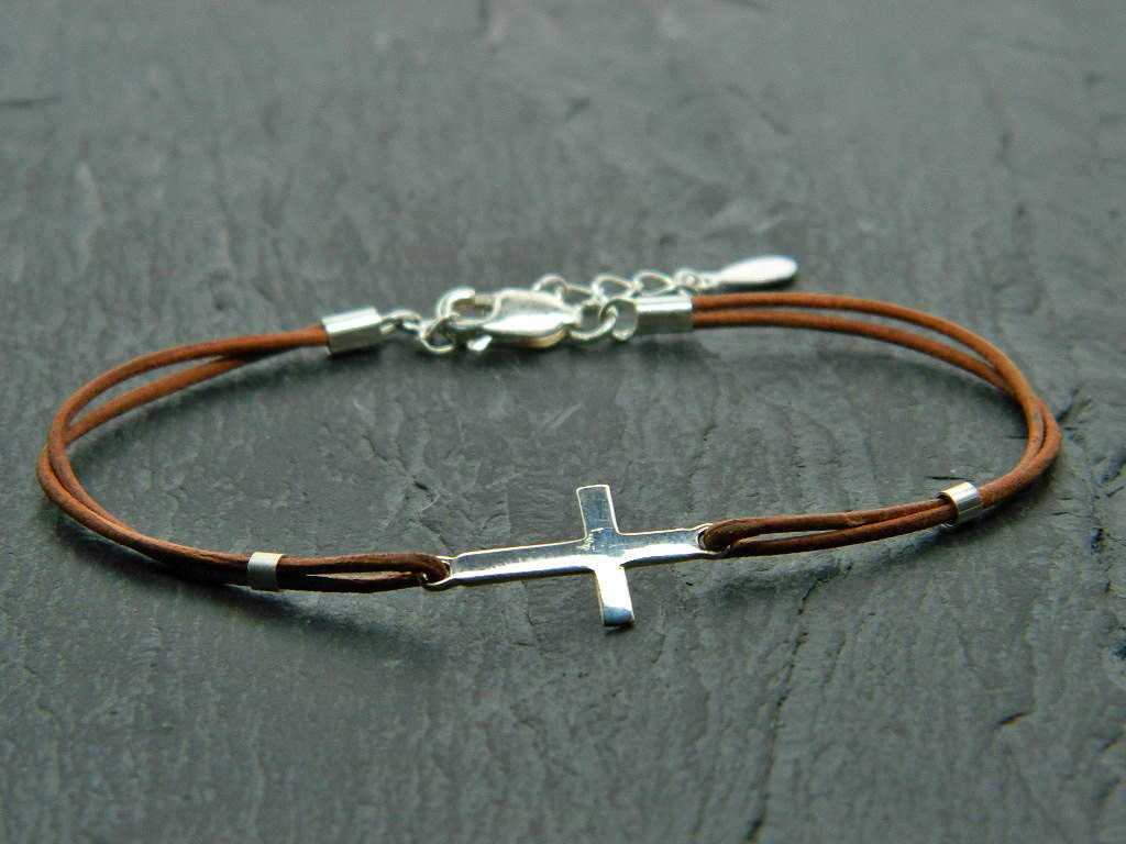 Sterling Silver Cross Bracelet
 Leather and sterling silver bracelet Beaded cross Cross