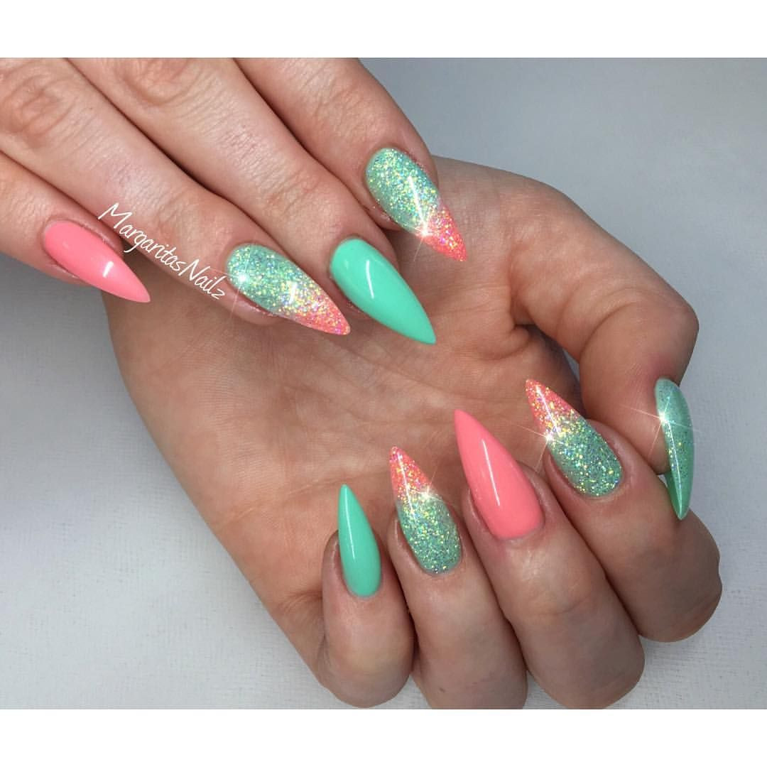 Stiletto Nail Colors
 Coral and mint stiletto nails spring nail art