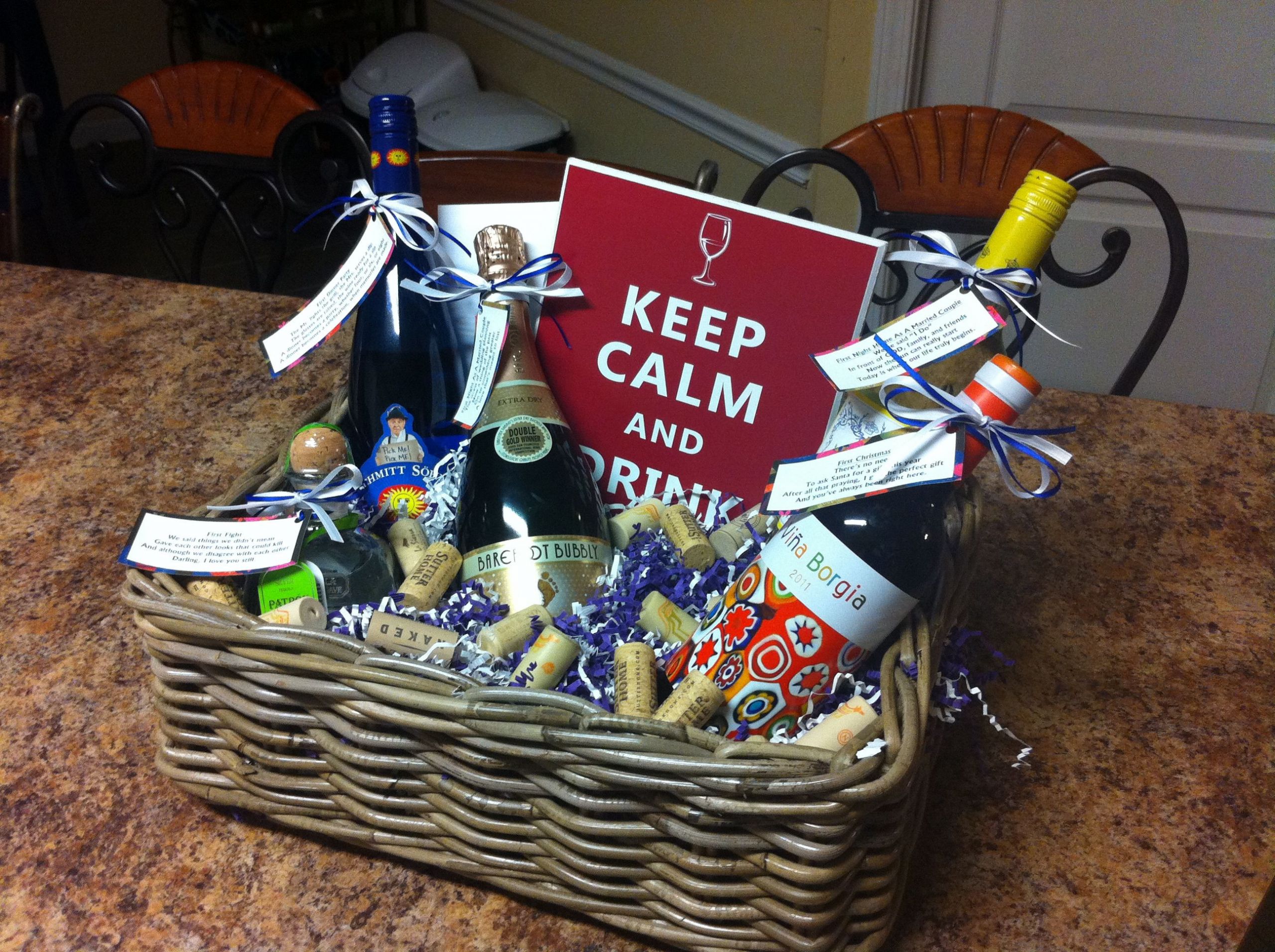 Stock The Bar Gift Basket Ideas
 "Basket of Firsts" for a stock the bar wedding shower