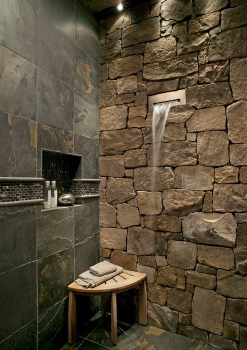 Stone Bathroom Showers
 Shower with stone and waterfall spout FaveThing