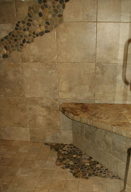 Stone Bathroom Showers
 Stone Shower Seat Mediterranean Bathroom cleveland