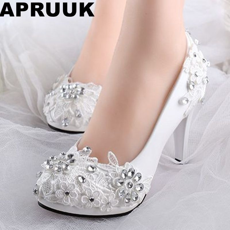 Summer Wedding Shoes
 Low high heels bridal wedding shoes white rhinestones lace