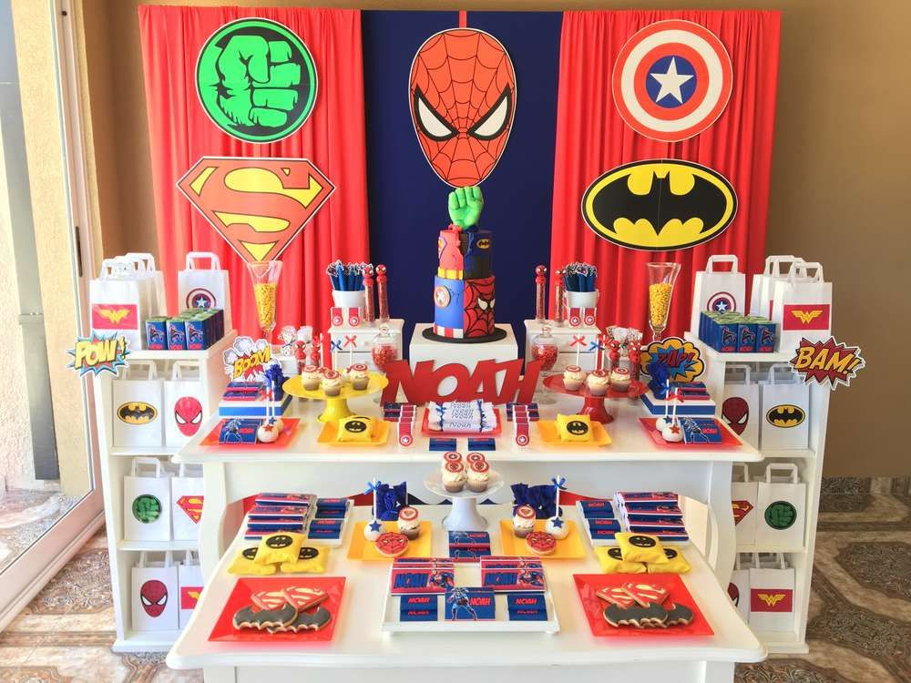 Superhero Birthday Party Decorations
 The dessert table at this Superheroes Birthday Party is
