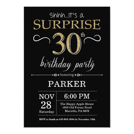 Surprise 30th Birthday Invitations
 Surprise 30th Birthday Invitation Black and Gold
