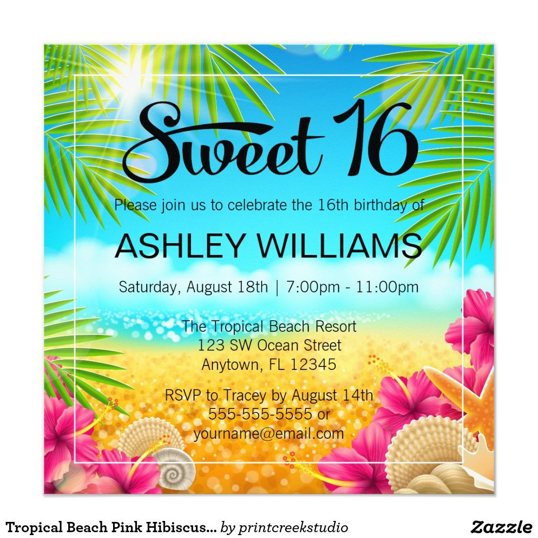 Sweet Sixteen Beach Party Ideas
 Tropical Beach Pink Hibiscus Sweet 16 Birthday 5 25x5 25