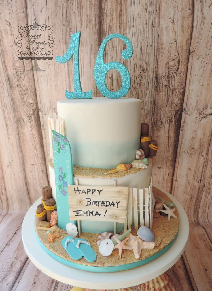 Sweet Sixteen Beach Party Ideas
 Beach cake for Sweet 16 birthday Surfboard shells and