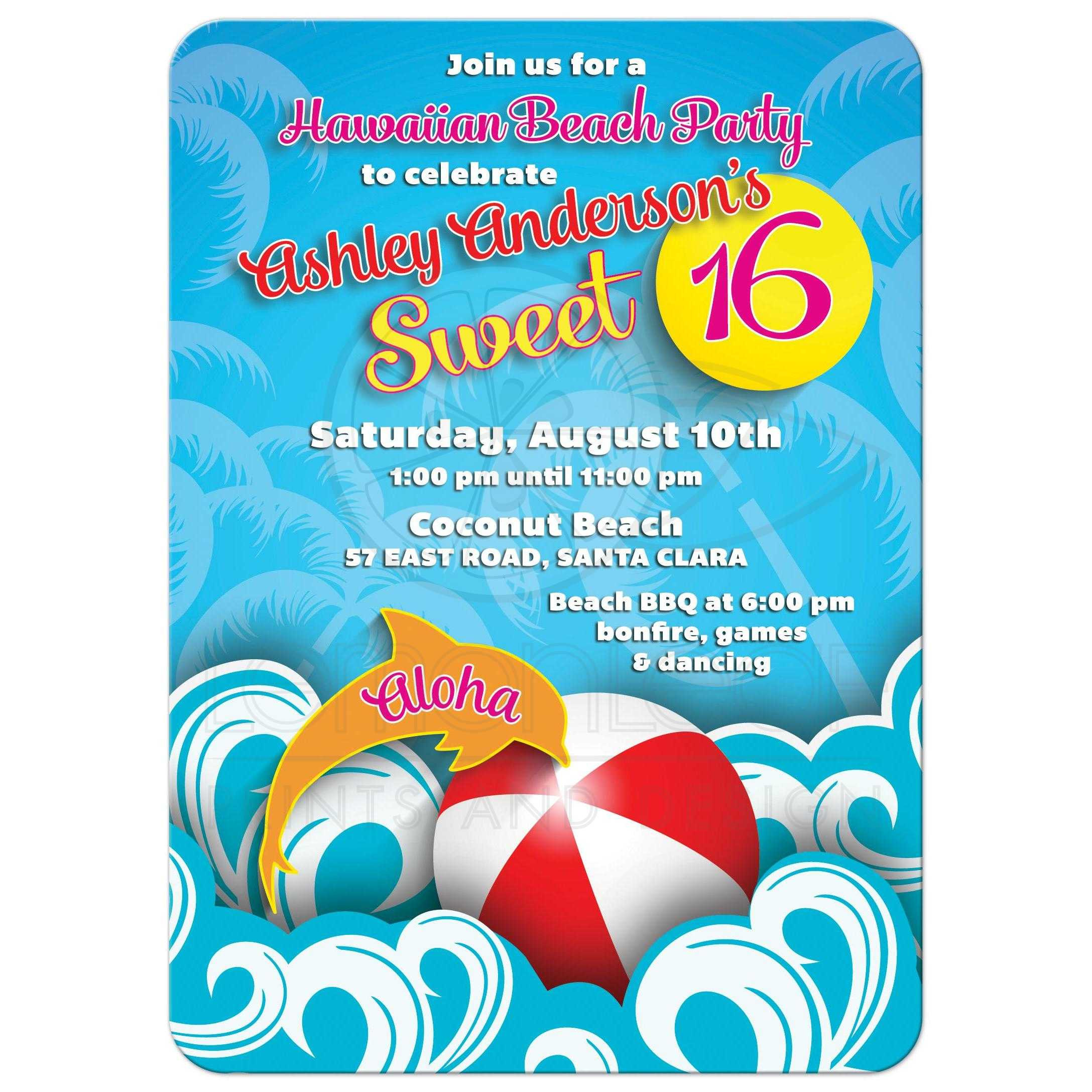 Sweet Sixteen Beach Party Ideas
 Hawaiian Beach Sweet 16 Birthday Invitation