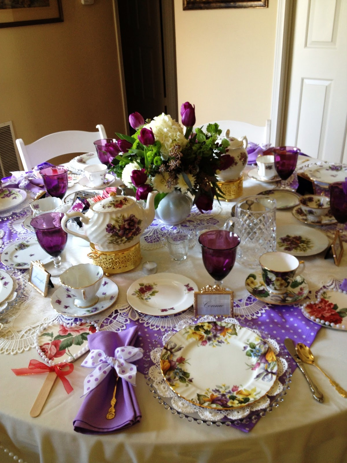 Table Setting Tea Party Ideas
 Make it Delightful Tea Table in Purples Polka Dots