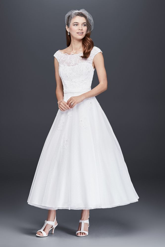 Tea Length Wedding Gown
 David s Bridal Tea Length Tulle Illusion Neckline Wedding