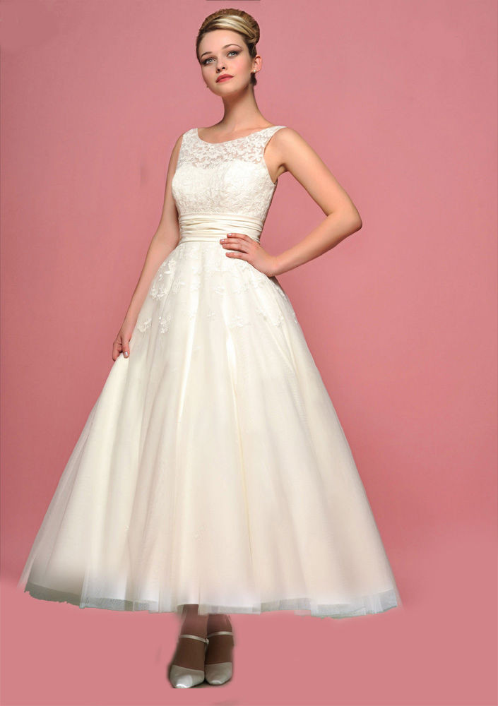 Tea Length Wedding Gown
 2015 White Ivory A line lace Tea Length Bridal dress