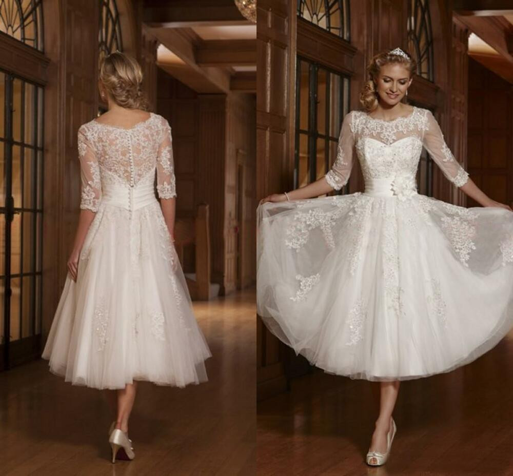 Tea Length Wedding Gown
 Tulle 3 4 Sleeve Applique Bridal Gown Tea Length Wedding
