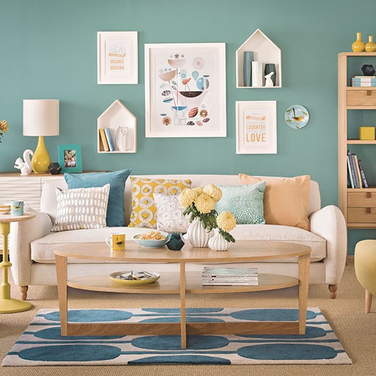 Teal Living Room Ideas
 Teal blue and oak living room Decorating