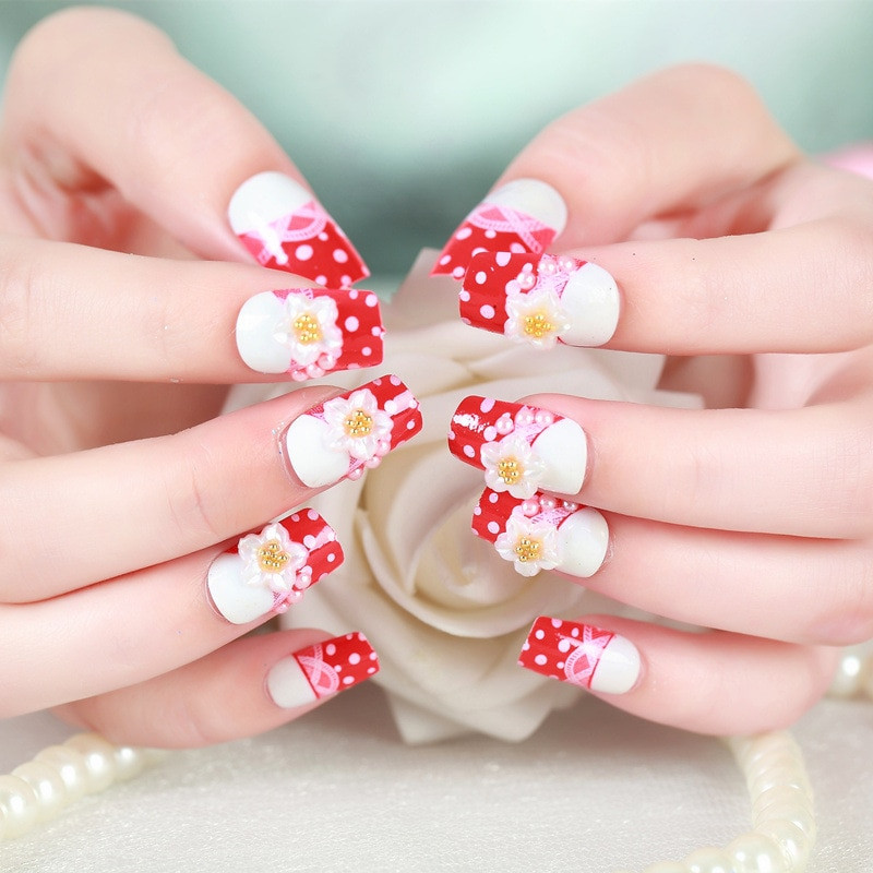 Temporary Nails For A Wedding
 24Pcs set White Flower Wedding False Nails Art Design