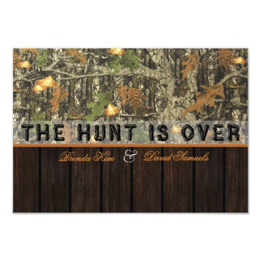 The Hunt Is Over Wedding Invitations
 The Hunt Is Over Camo Wood Wedding Invitation