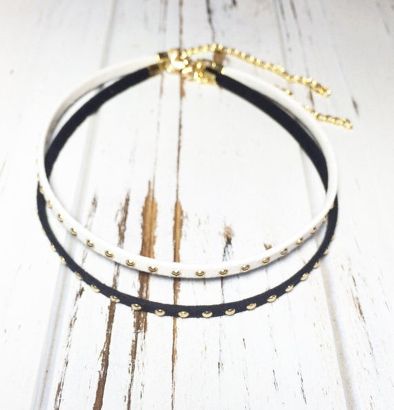 Thin Black Choker Necklace
 Thin studded choker necklace black and gold choker by